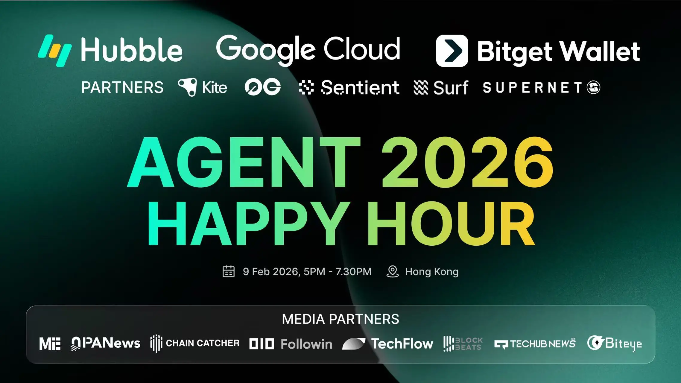 HubbleはCrypto AIのトップエコシステムと共にConsensus HKに登場し、「Agent 2026 Happy Hour」を開催します。